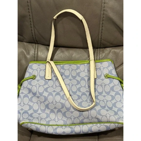 Coach Signature Monogram Tote Bag Blue Green White Leather Trim 15" by 11" - Picture 6 of 11